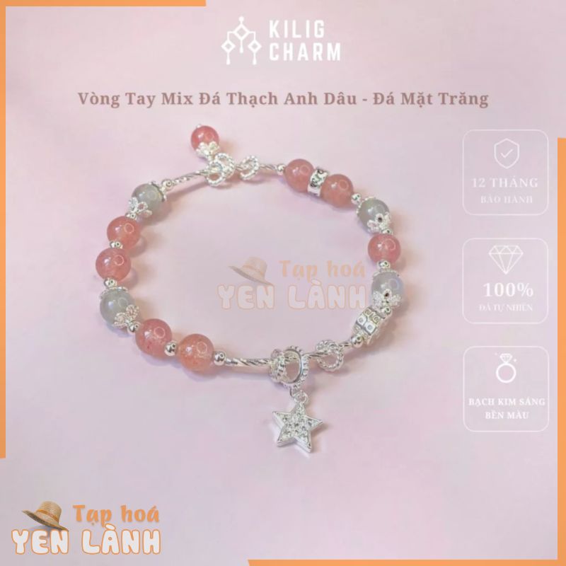 Lắc tay vòng tay đá năng lượng thạch anh dâu mix đá mặt trăng dành cho nữ thu hút may mắn, tình duyên KILIG CHARM KC06