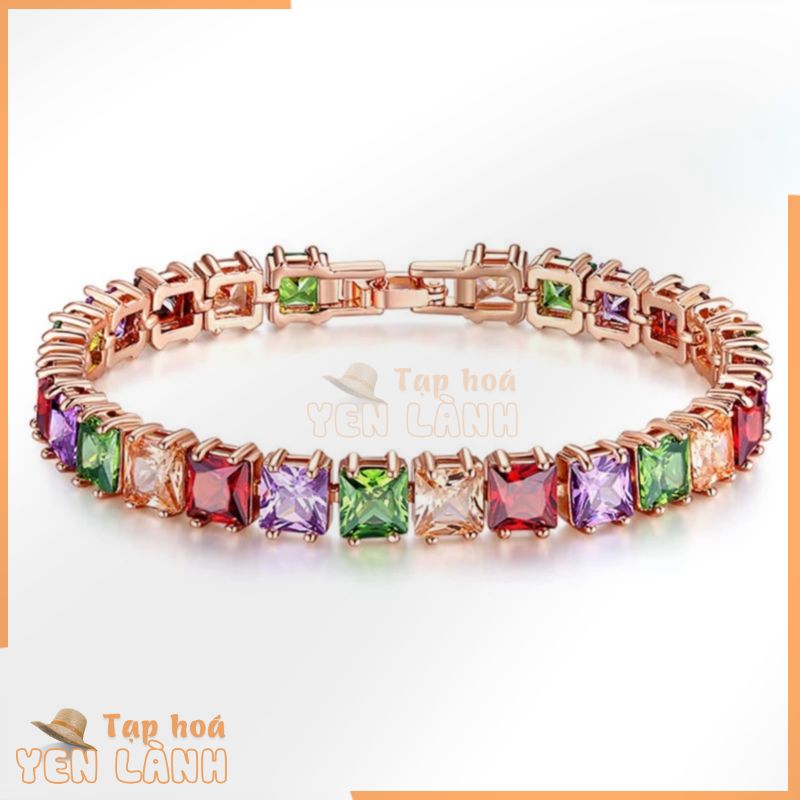 18k Hoa Hồng Mạ Vàng Cầu Vồng Vuông Kim Cương Vòng Tay Dành Cho Nữ Bé Gái AAA Cubic Zircon Dây Xích Lắc Tay Trang Sức Sinh Nhật