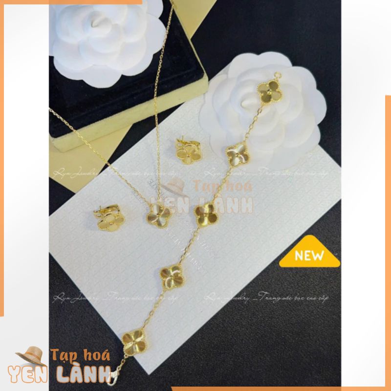 (Ryn Jewelry) Set cỏ 4 lá size 15mm gồm dây chuyền, bông tai, lắc tay vàng cách phay, bạc Ý nhập khẩu hàng cao cấp