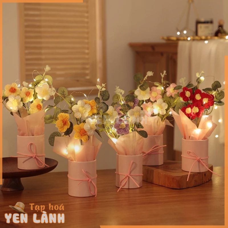 [Hàng Hoàn Thiện] Túi Xách Dệt Bằng Tay Có Đèn LED + Xô Bong Bóng + Hoa Len DIY Làm Quà Tặng Valentine