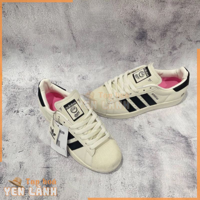 giày adidas superstar mũi sò trắng kem lót hồng XO mới, giày das sò 3 vạch đen andre cao cấp full box bảo vệ