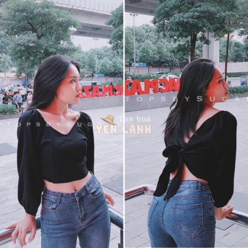 [Ảnh thật khách mặc] Áo croptop hở lưng cột dây nơ cổ tim V – by SugarG