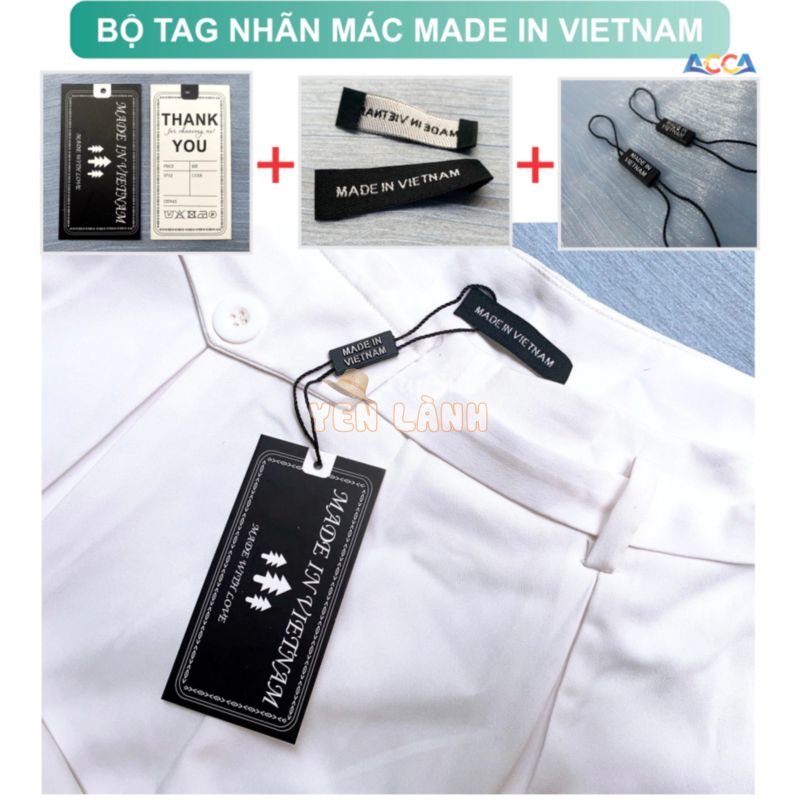 Mác quần áo made in Việt Nam, trọn bộ gồm Mác cổ, mác sườn, thẻ bài, dây treo Tag made in VN