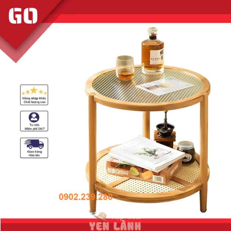 Bàn trà tròn chất liệu gỗ phối mây, kích thước 54 x 50cm, mặt kính cường lực bền đẹp, chịu lực tốt – BH 12 tháng – V0829