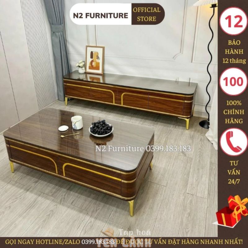 Bàn trà sofa decor N68, bàn gỗ nội thất N2 Furniture, bàn decor phòng khách mặt kính làm bàn sofa uống nước decor