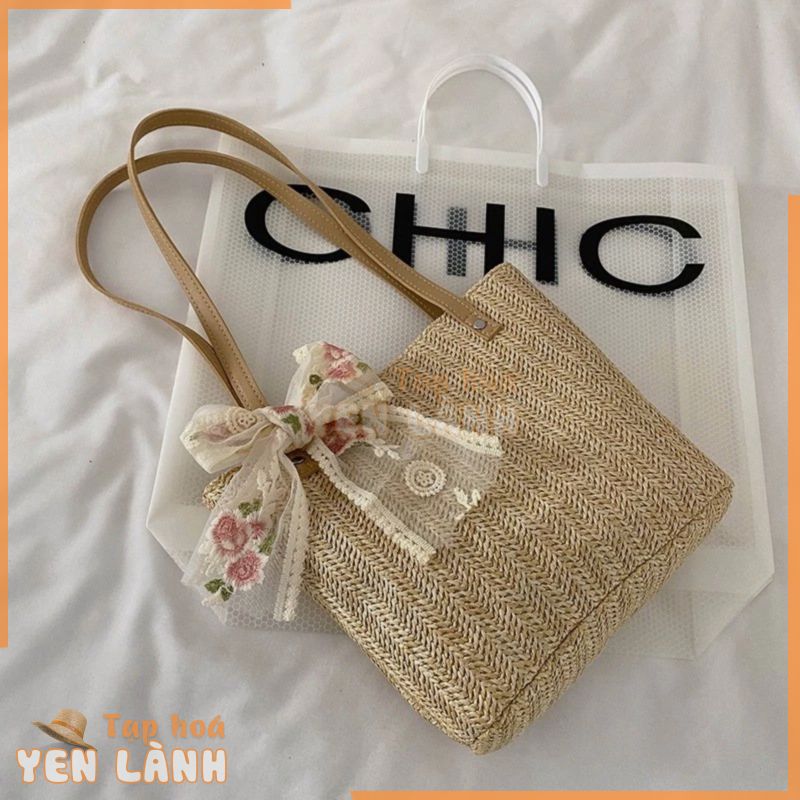 Túi dệt cói Nữ Tote Đeo Vai Xách Tay Đi Biển Du Lịch Mùa Hè nơ hoa hồng phong cách vintage Hàn Quốc Mẫu Mới K3T5-3