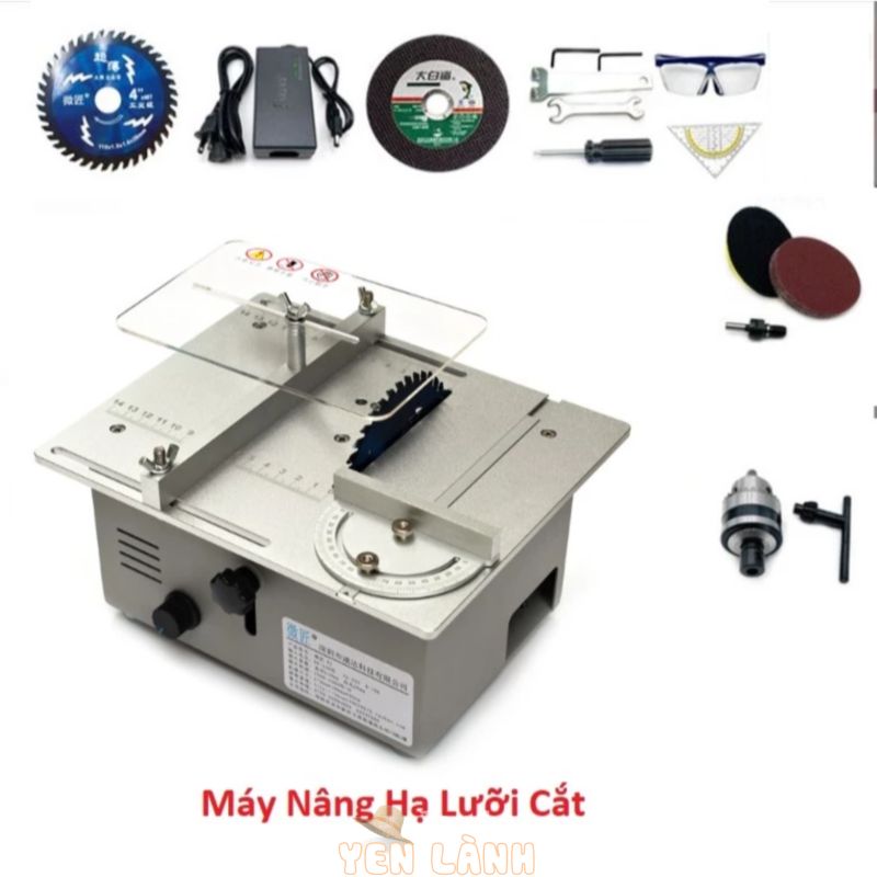 Máy cưa bàn mini nâng hạ điều chỉnh lưỡi cắt dùng điện 220v tặng kèm bộ phụ kiện