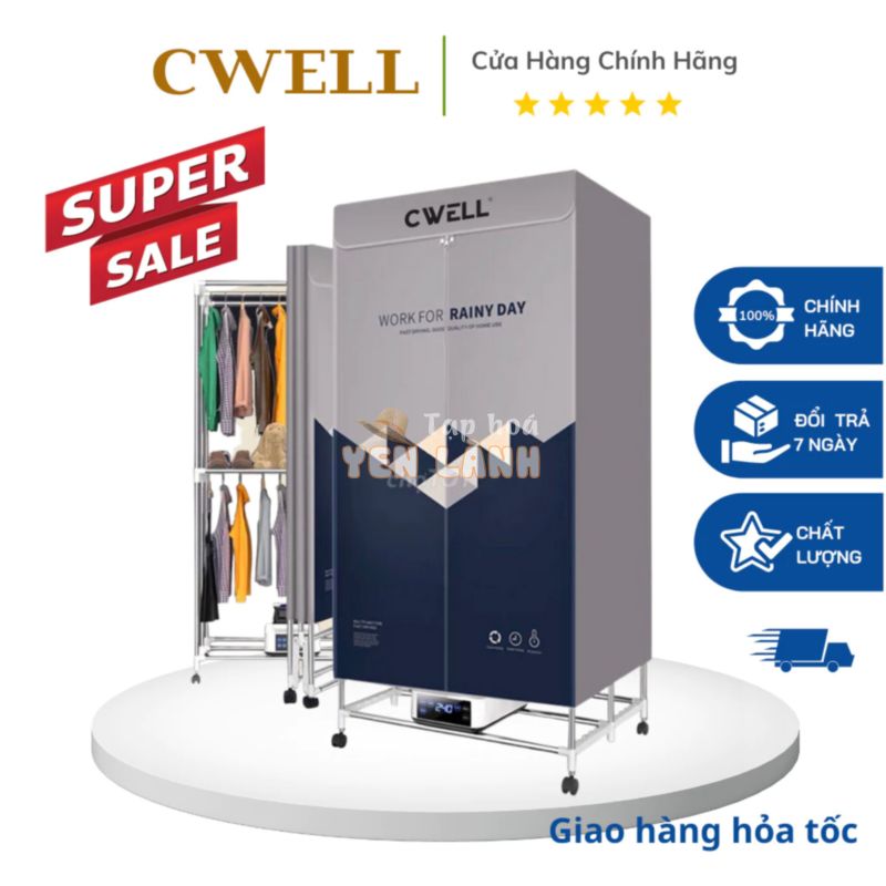 Tủ sấy quần áo, máy sấy quần áo đa năng gấp gọn kiêm máy sưởi độc lập CWELL D23, công suất 1800W, thiết kế mới nhất 2023