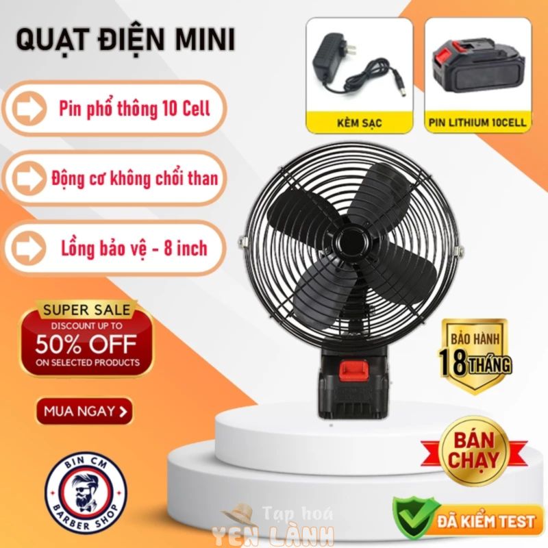 Quạt mini 8 inch – Quạt tích điện chân pin máy khoan phổ thông 2 tốc độ siêu mạnh – Quạt để bàn tích điện pin makita