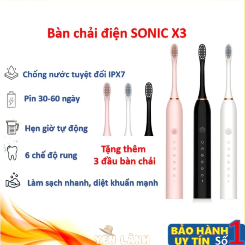 Bàn Chải Điện Đánh Răng Sonic X-3 Thông Minh 6 Chế Độ, Máy Làm Sạch Răng Đa Năng, Kèm 4 Đầu Thay Thế