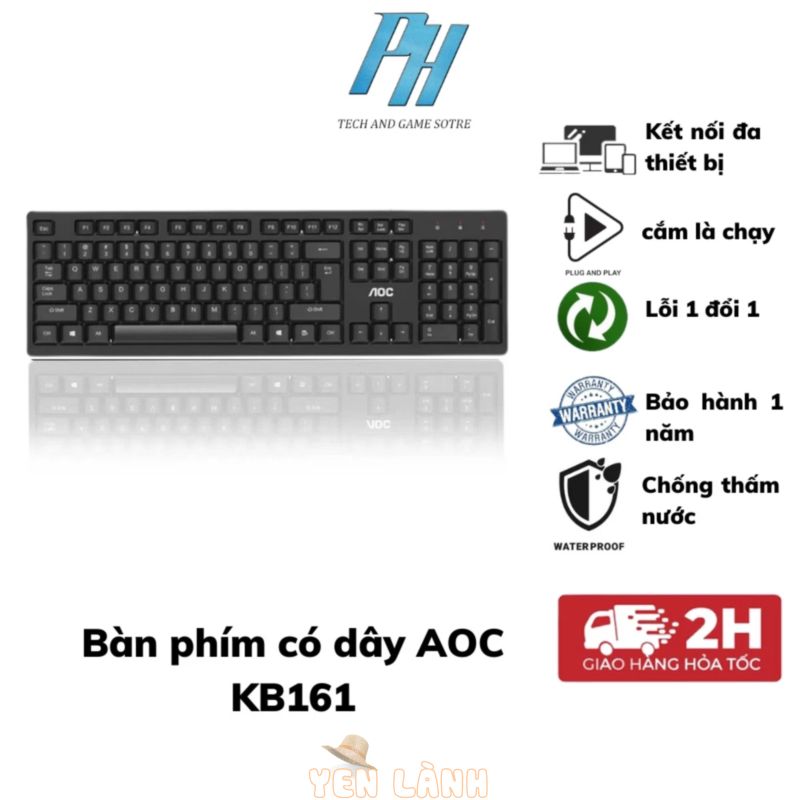 Bàn Phím Máy Tính AOC KB161 Có Dây Chống Ồn Chắc Chắn Siêu Bền, chống thấm nước phù hợp cho làm việc văn phòng, học tập