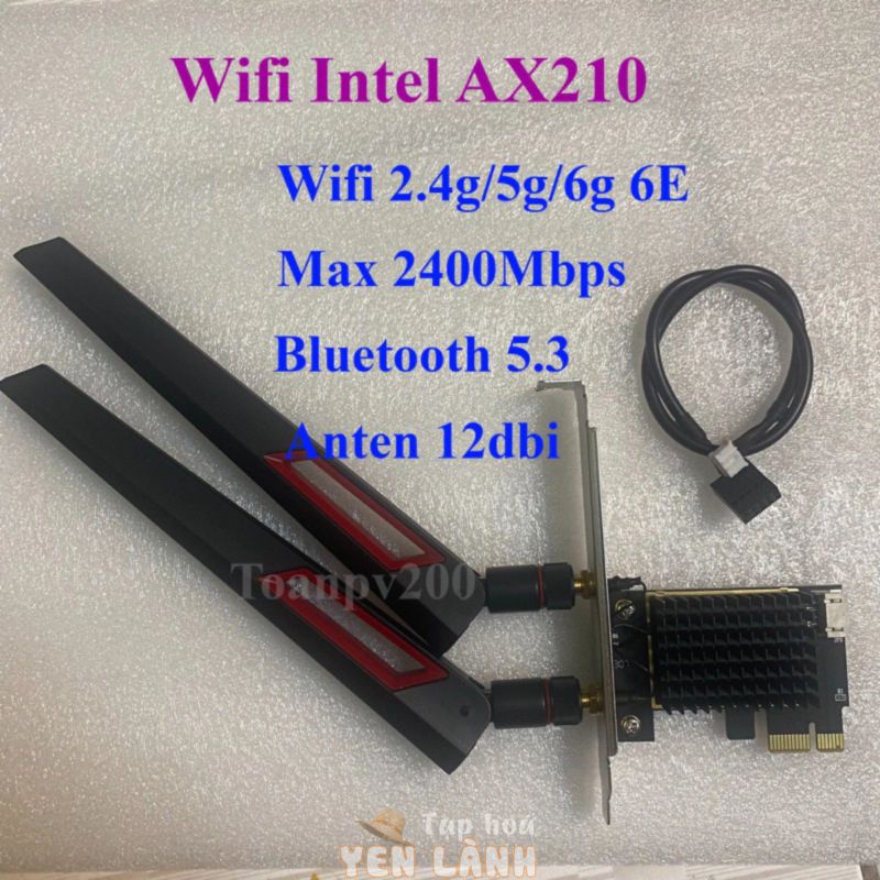 Wifi 6E intel AX210 2400Mbps Bluetooth 5.3 anten 12dbi lắp cho pcie máy tính bàn PC