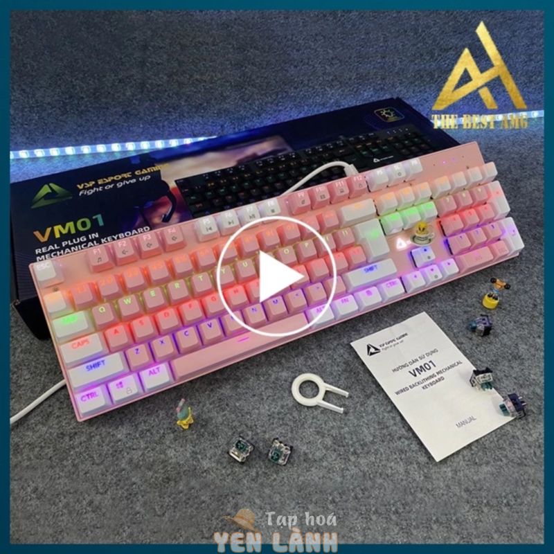 Bàn Phím Cơ Gaming Có Dây Xuyên Led RGB VSP VM01 Màu Trắng Hồng Dễ Thương – Bàn Phím Máy Tính Laptop PC Chơi Game