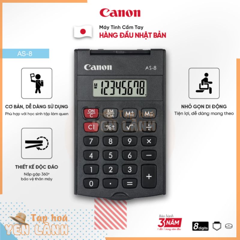 Máy Tính Bỏ Túi Canon Calculator | Siêu Nhỏ Gọn Cho Học Sinh | Nắp Gập 360 Độ | Máy Tính Hàng Đầu Nhật Bản AS-8 ASA H