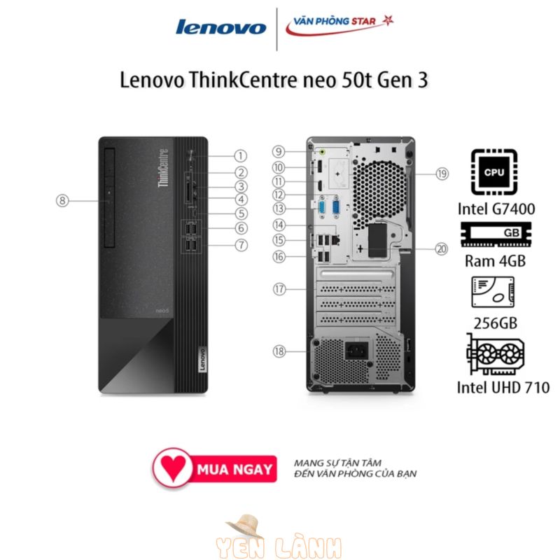 Máy tính để bàn PC Lenovo ThinkCentre neo 50t Gen 3 (11SE008SVA)/ Đen/ Intel Pentium Gold G7400 (3.7GHz)/RAM 4GB/256GB