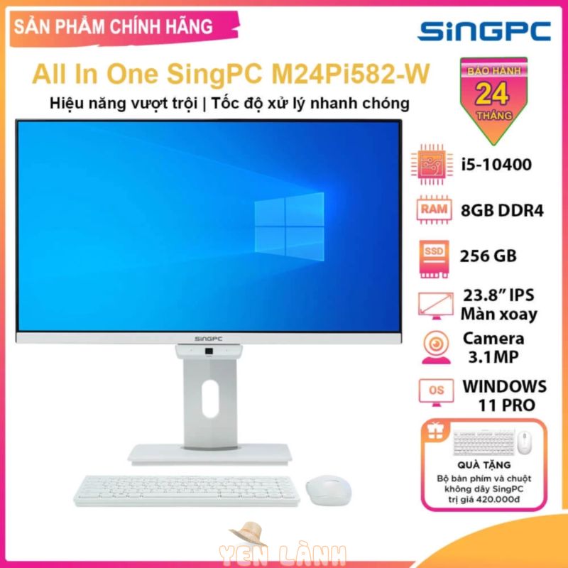 Máy tính bàn All in one SingPC M24Pi582-W (i5-10400/8GB/256GB/23.8″FullHD IPS/Wifi/Bluetooth/ Camera/Mic/Loa/Win11Pro)