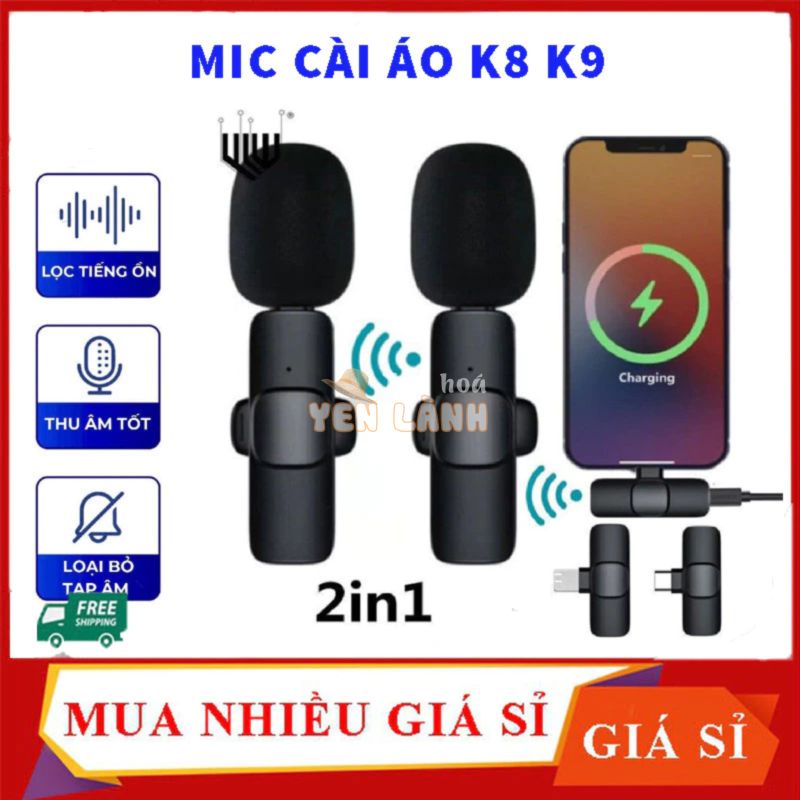 Micro Không Dây K8 K9 Thu Âm Lọc Tiếng Ồn Tương Thích Nhiều Thiết Bị, Mic cài áo Bluetooth tiên lơi quay clip Livestream