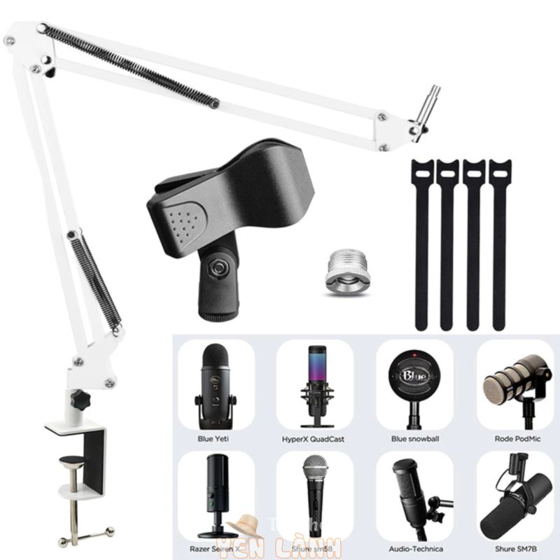 Micro Arm Stand-Bánh mạnh, Kéo treo Giá đỡ Mic có thể điều chỉnh có giá đỡ để bàn, Bộ chuyển đổi 3 / 8 “đến 5 / 8”, Dây buộc cáp, để ghi âm Phát trực tuyến chơi game Podcasting