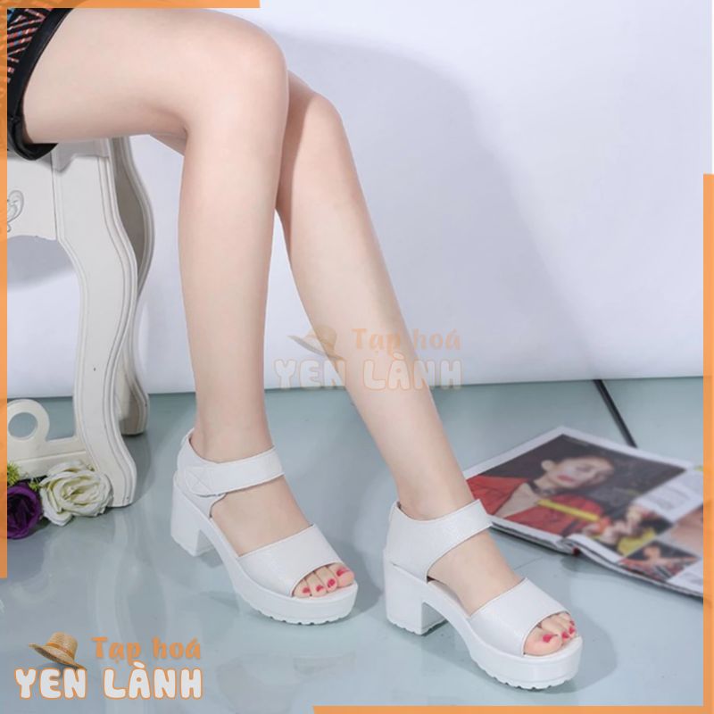 giày cao Gót sandal hở ngón nhân tạo PU khối đế móc và dây buộc vòng cho nữ mùa hè – Neon074