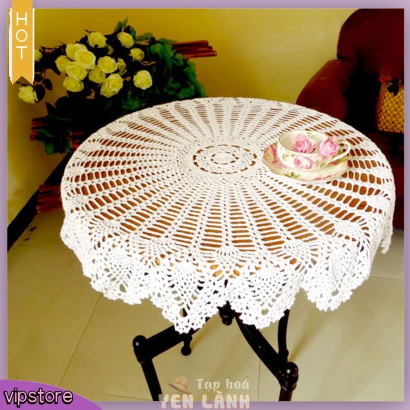 [VIP] Khăn trải bàn hình tròn 80cm vải cotton đan móc độc đáo dùng để trang trí nhà hàng/nhà bếp