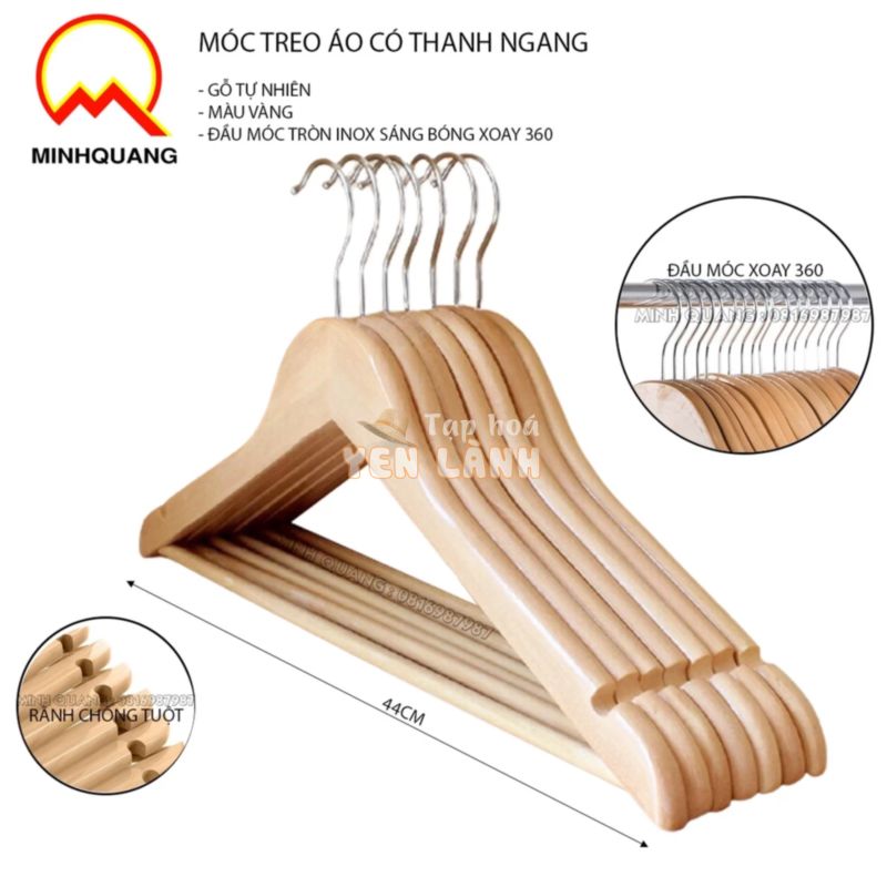 móc treo quần áo bằng gỗ tam giác vàng,nâu có thanh ngang, dùng cho cửa hàng, shop thời trang và khách sạn