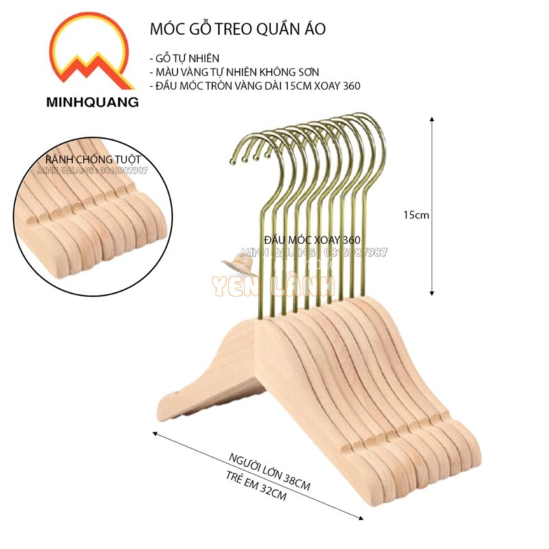 móc treo quần áo bằng gỗ mộc đầu móc mạ vàng, dùng cho cửa hàng, shop thời trang, chụp ảnh live