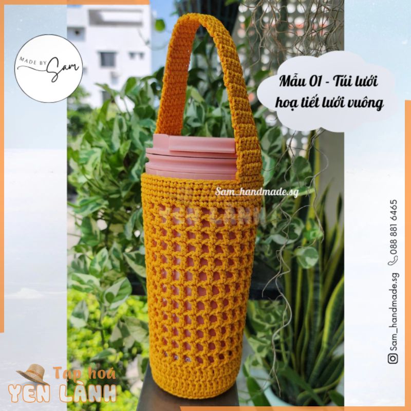 [Mẫu 1 – Handmade] Túi đựng bình nước/ly giữ nhiệt móc thủ công 100% – họa tiết lưới vuông