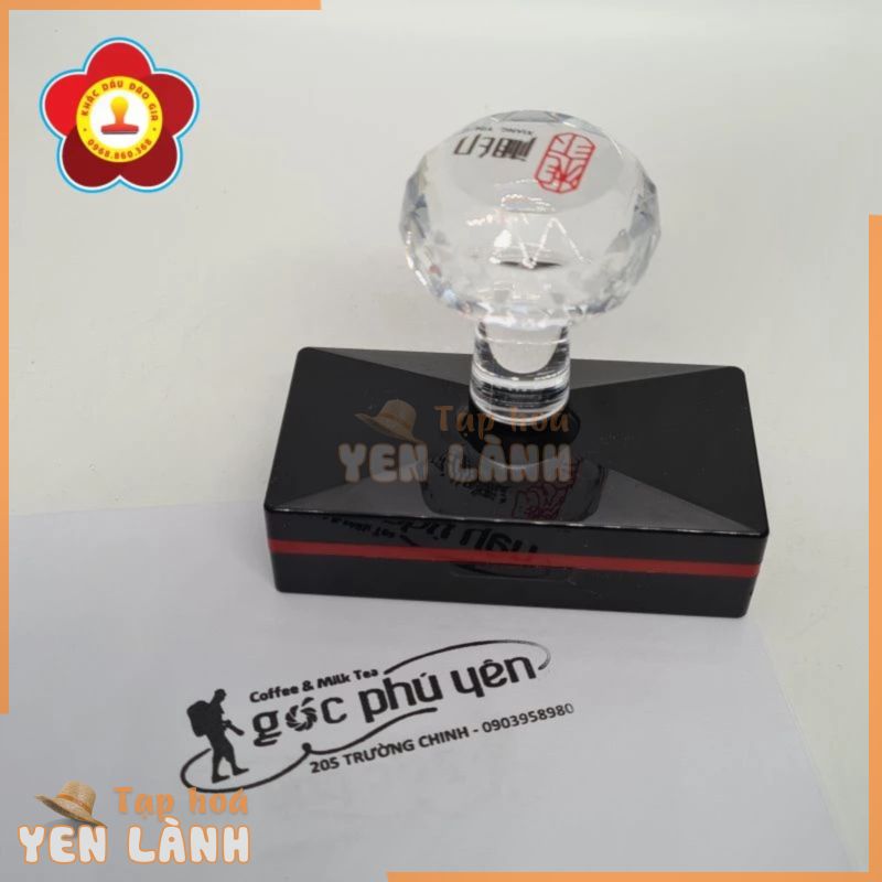 Con dấu EH2565 Mực nhanh khô. Dấu logo In lên Hộp xốp, Túi nilon PET, Giấy có bề mặt bóng. KT mặt dấu 2,5 x 6,5cm