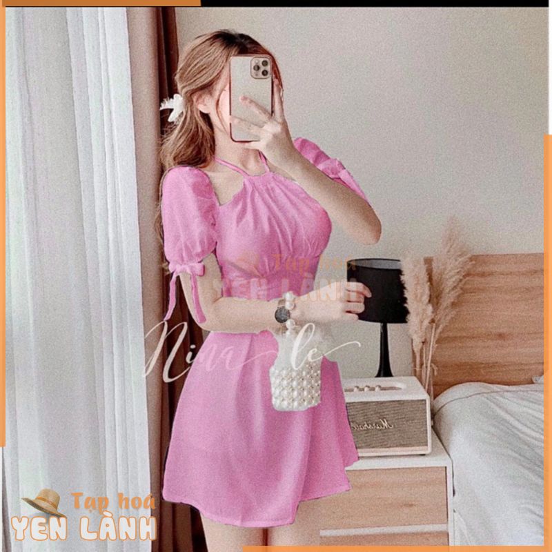 [Hàng Mới sale lẻ size] Đầm cổ yếm tay phồng cột nơ tay tôn vòng một- Pinky Dress