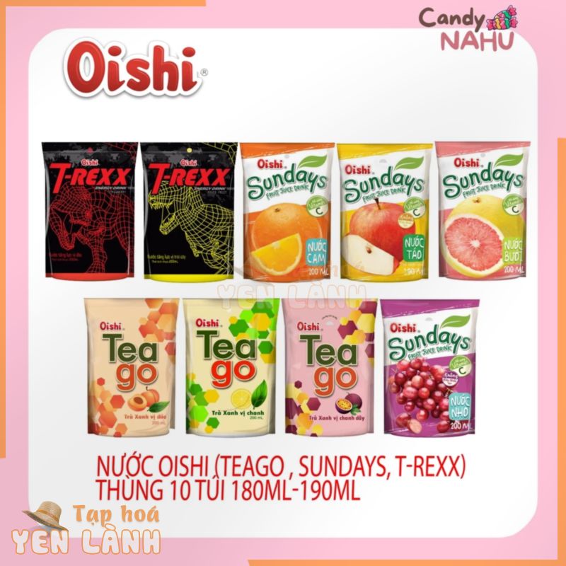 Nước Oishi (teago , sundays, t-rexx) túi (10gói* 180ml)