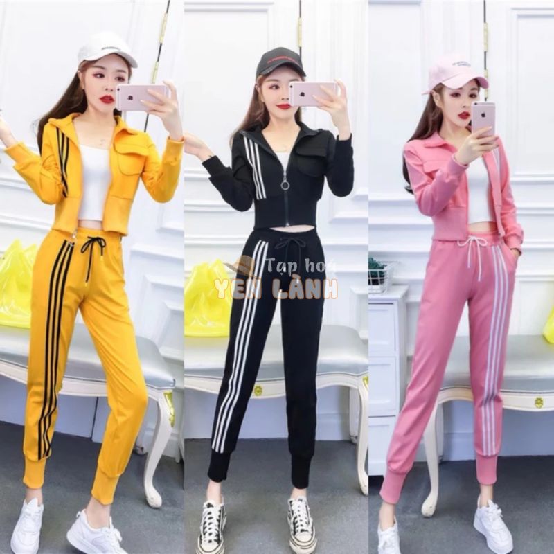 đồ bộ nỉ thu đông kéo khóa chất nỉ bông 3 sọc áo croptop quần jogger- sét bộ mặc nhà TT màu đen hồng vàng xám hàn quốc