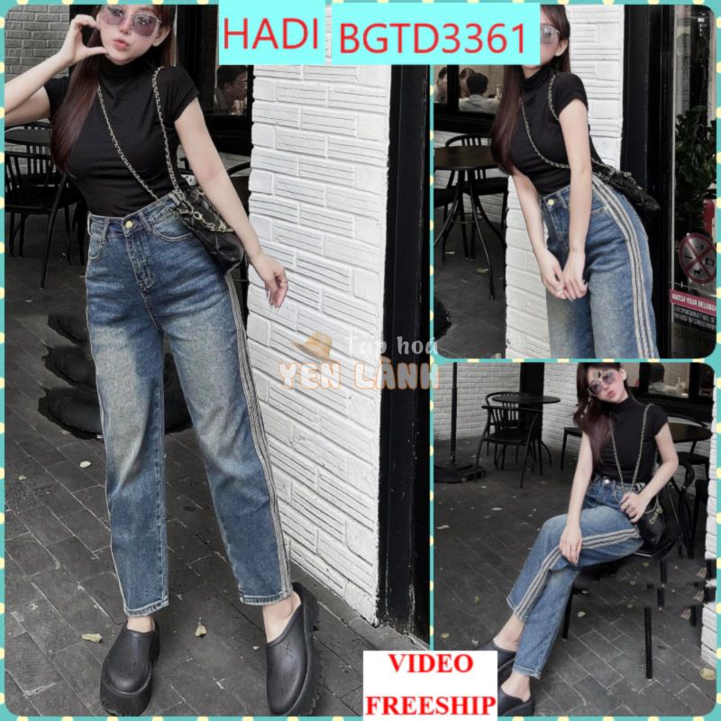 [BGTD3361]QUẦN BAGGY JEANS NỮ LƯNG CAO 3 SỌC HÔNG MÀU XANH ĐẬM LAI CUỐN SIÊU NGẦU HOT HIT