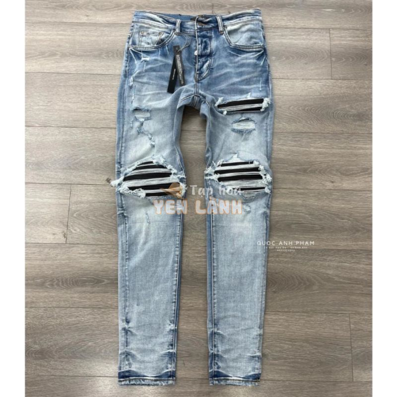 Quần AMIRI 4 Cúc Xanh Khói Gối Vá Da Quần Skinny Jean Amiri Nam Rách Gối Da Đen Trắng Đỏ Vá Họa Tiết Hot