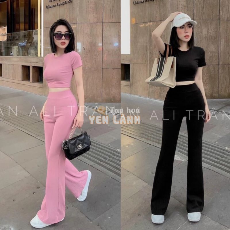 [MẪU MỚI] Set Bộ Quần Dài Ống Loe Kèm Áo Croptop Tay Ngắn Chất Thun Gân Chính Phẩm Thích Hợp Mặc Đi Tiệc Đi Làm Đi Chơi