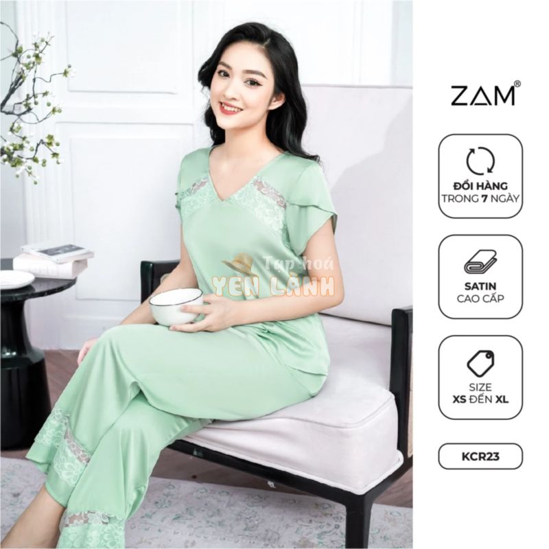 Bộ ngủ satin ZAM Luxury – KCR – áo không cổ ngắn tay quần dài màu trơn