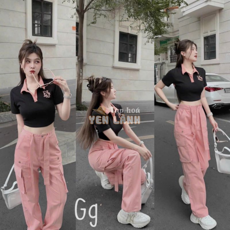 Set áo thun đen cô bẻ tay ngắn in chữ croptop mix quần dài ống rộng túi hộp màu hồng dạo phố cực cá tính mtb