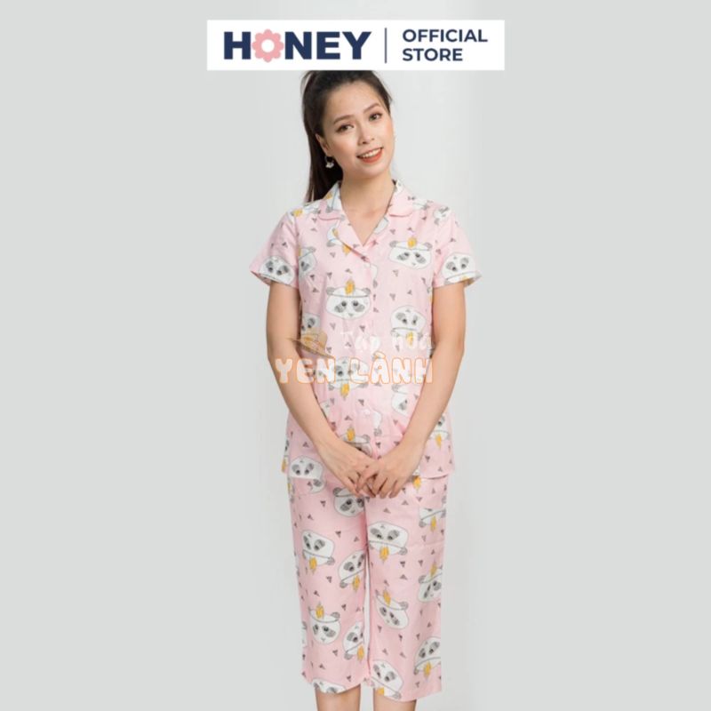 Bộ đồ ngủ pajama cộc tay mặc nhà, chất liệu thô hàn, quần rút chun – Thời trang bà bầu cao cấp Honey