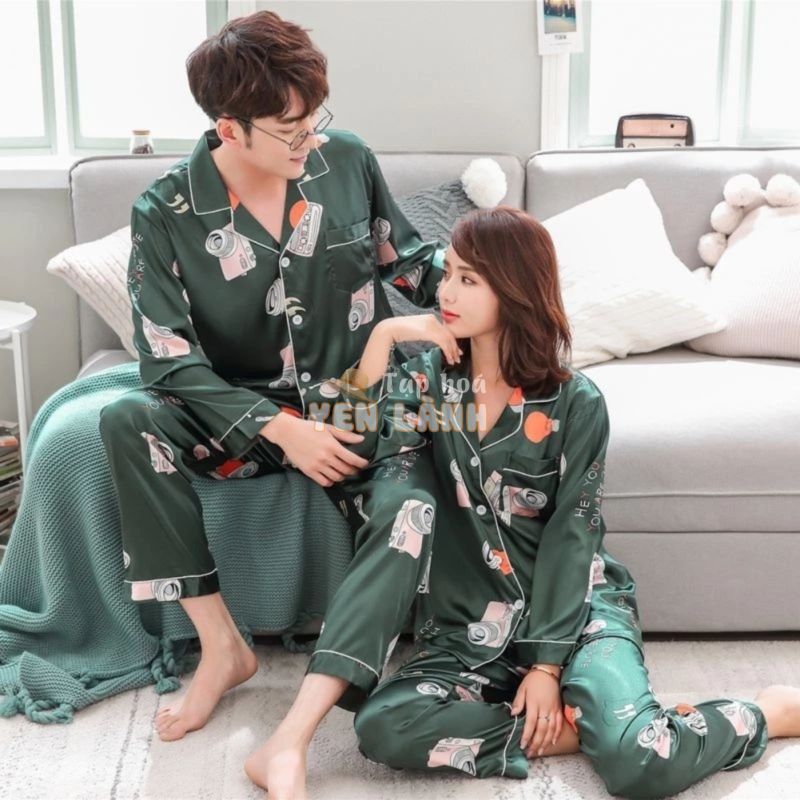 Bộ đồ ngủ pijama dài tay cổ V họa tiết giản dị cho cặp đôi