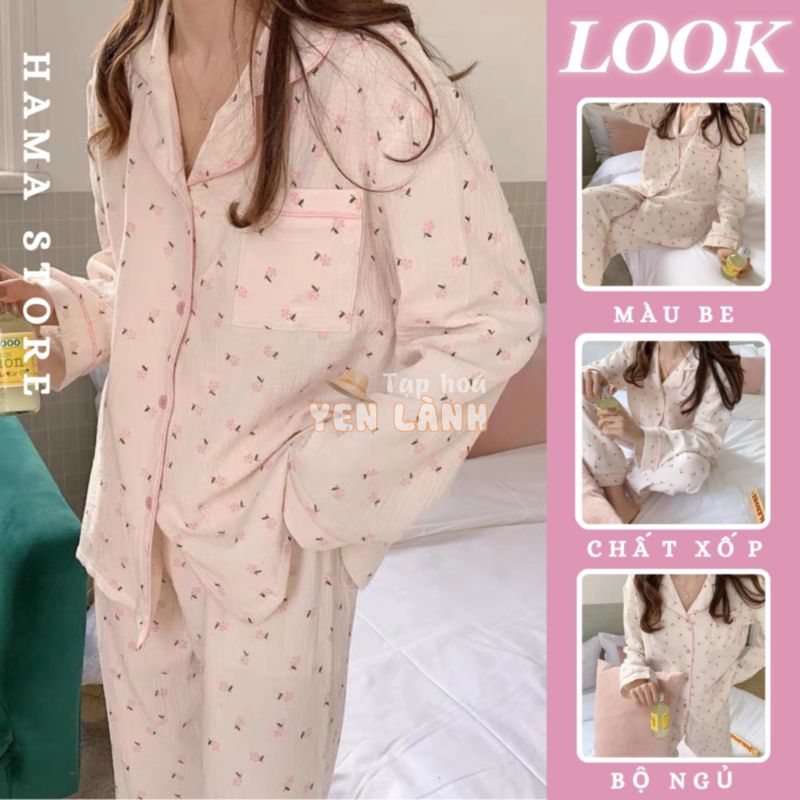 Đồ Bộ Ngủ Pijama Nữ Dài Tay Quần Áo Rộng Chất Lụa Họa Tiết Xinh Satin Hoa Mùa Đông -BND21