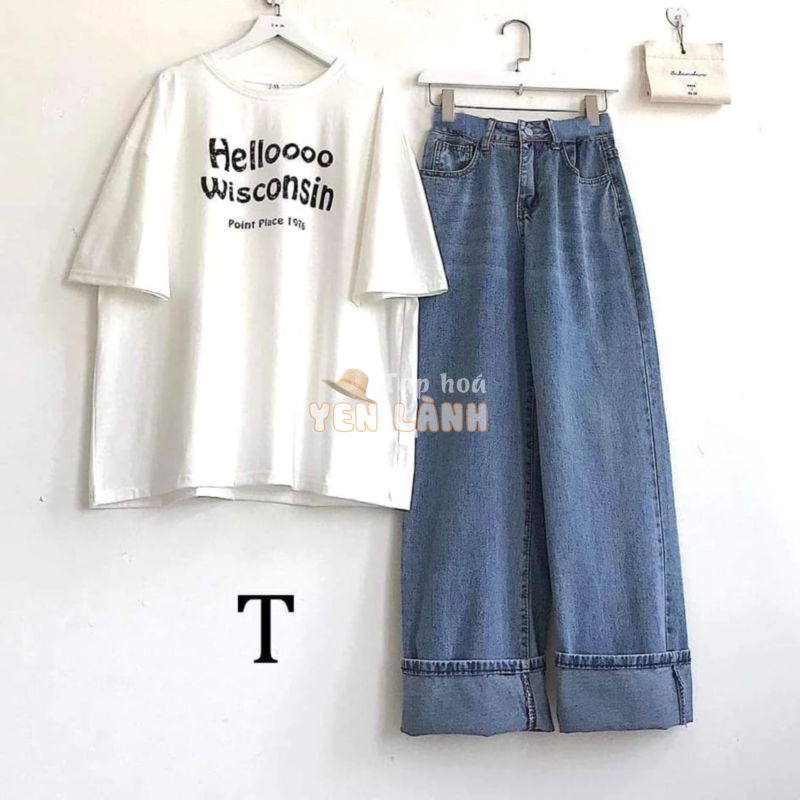 Set quần ống rộng Hello + áo thun croptop