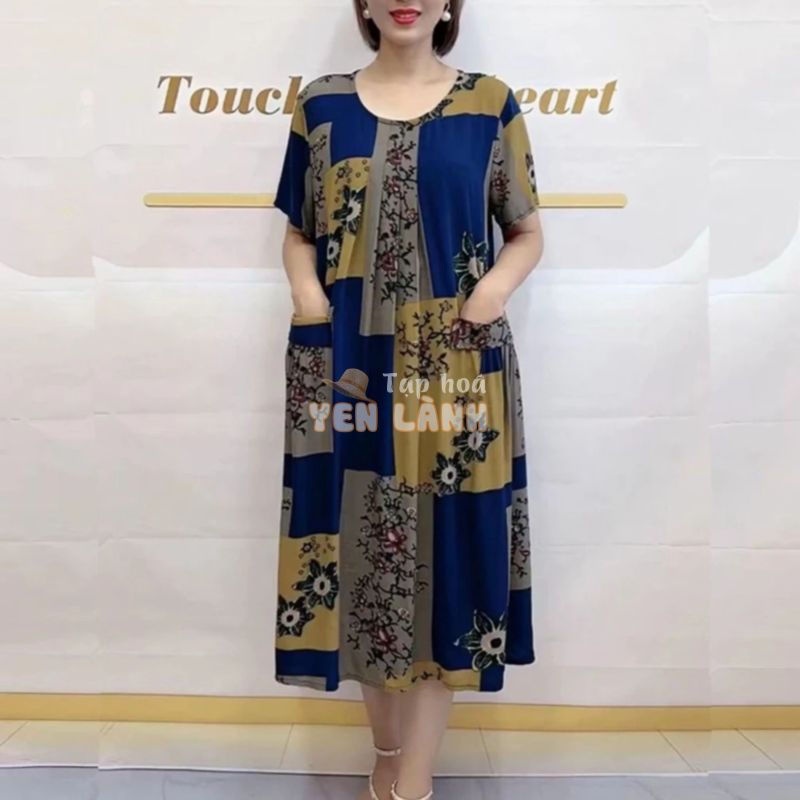 Lưới cotton double pocket phiên bản lớn 50-60 ngày váy haute couture vải lanh cotton kẻ caro túi đôi phiên bản lớn sky dress 50-60 tuổi quần áo phụ nữ cao cấp váy người già cộng với chất béo cực lớn100809（99）