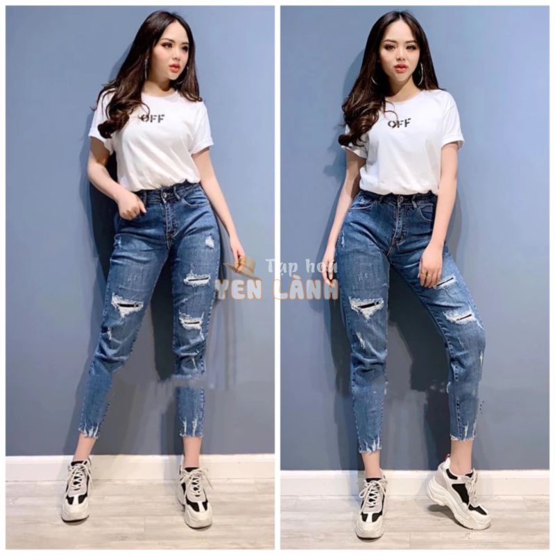 Quần jean dài 9 tấc BIG SIZE rách vá lưng cao co dãn mạnh 2436