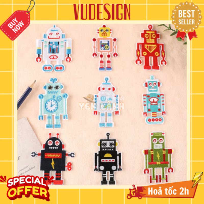 Sticker Dán Vải, Sticker Ủi Thêu Quần Áo, Balo, Túi, Mũ Hình Robot Người Máy Rô Bốt Vudesign