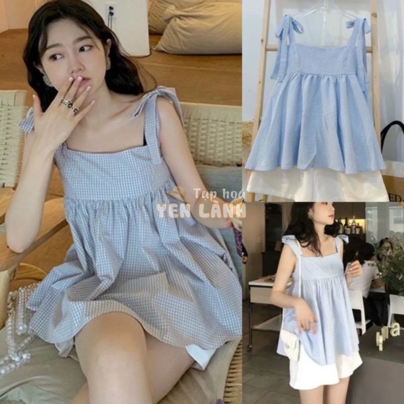 Bộ quần áo nữ set style Hàn Quốc SUTANO,Set áo babydoll hai dây thắt nơ kẻ xanh và quần short trắng cực xinh B405