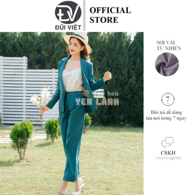 Set đồ nữ công sở vải linen Hàn, Áo blazer tay lỡ cổ ve vuông & quần dài suông rộng Đũi Việt