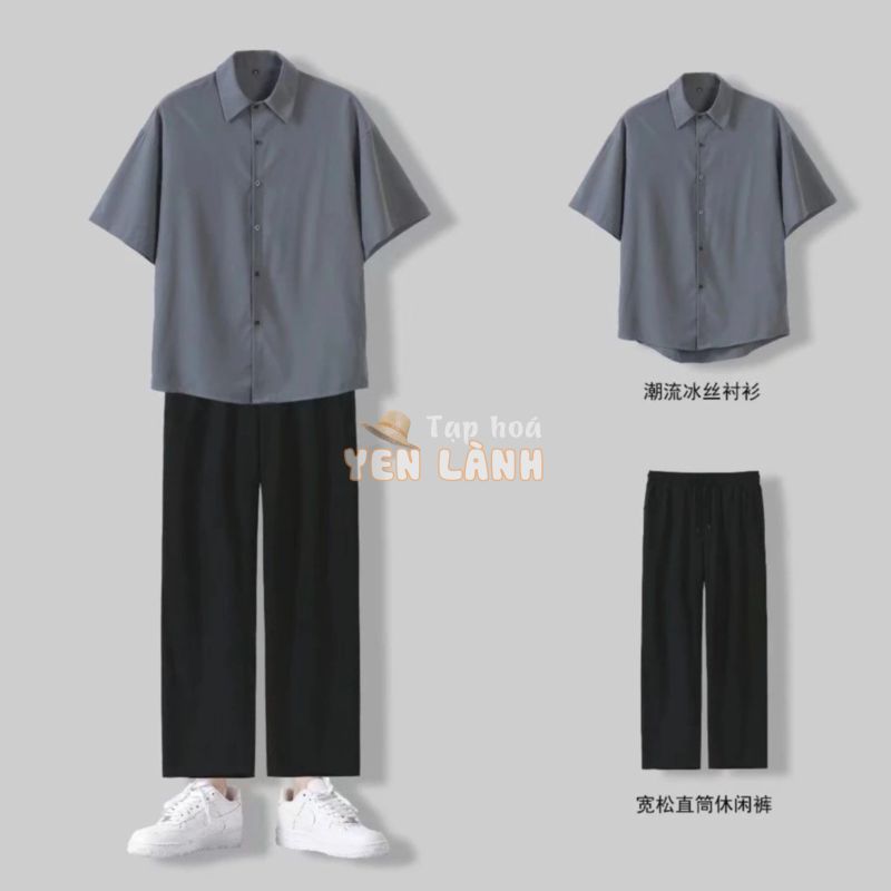 【luckin men’s】thời trang nam，áo sơ mi nam+quần âu nam，bộ đồ，áo thun oversize nam+Quần ống rộng，，bigsize t shirt，áo nam，áo phông，Bộ Áo Sơ Mi Lụa Lạnh Tay Ngắn Màu Trơn Phối Quần Dài Kiểu Hàn Quốc Đơn Giản Cho Nam，đồ bộ nam，quần ống suông，quần nam，