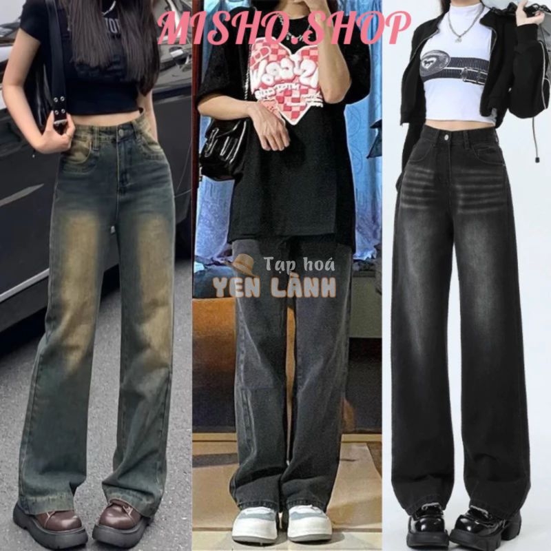 Quần jean nữ retro baggy CẠP CAO ống suông rộng MISHO, quần bò nữ đen loang chất jeans cao cấp top xu hướng 2023