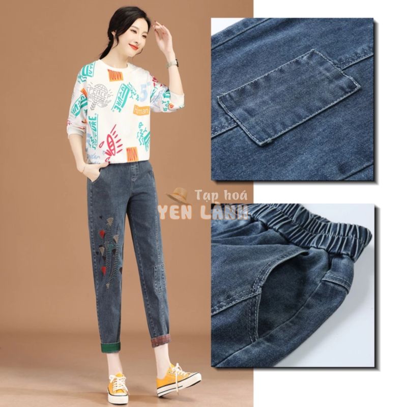 Quần bò nữ cạp thun, quần jeans Baggy nữ thêu hoa cao cấp, Chất Denim Nhận tôn dáng giữ form QS39