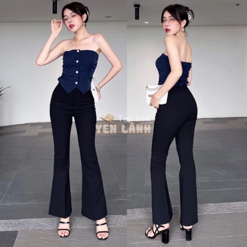 Quần ống loe ADO lưng cạp cao 2 cúc baggy vải nữ dài suông loe culottes màu đen