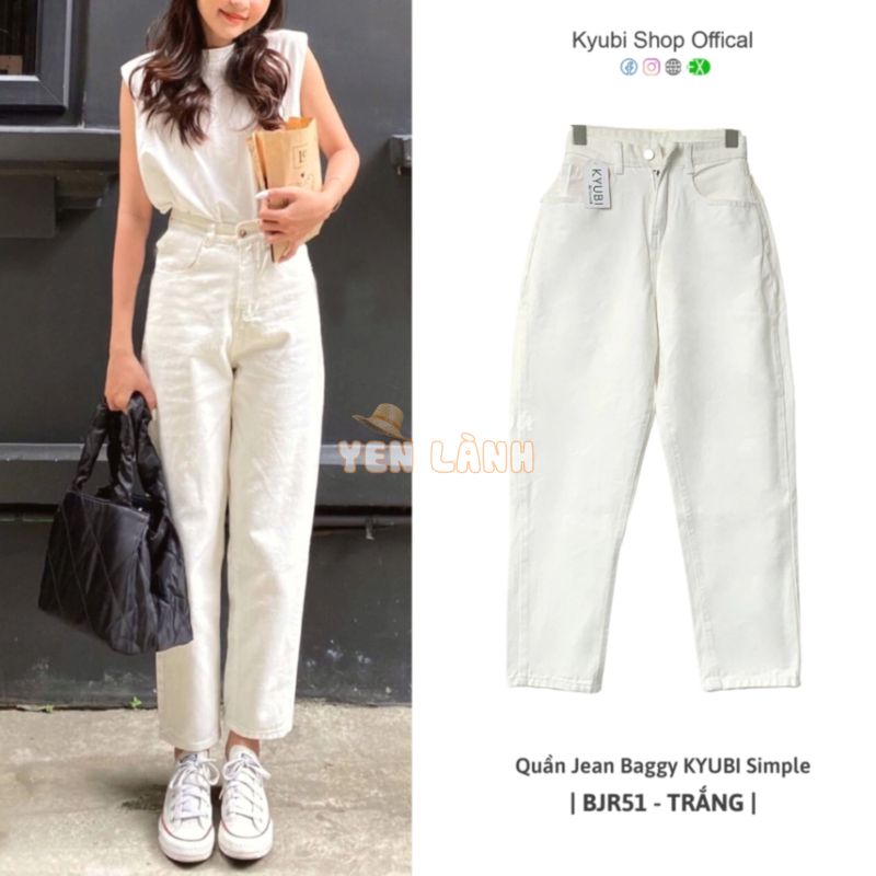 Quần jean trắng nữ baggy cạp lưng cao dáng hàn quốc ulzzang (Nhiều màu, có bigsize) – quần baggy jeans bò KYUBI BJR51